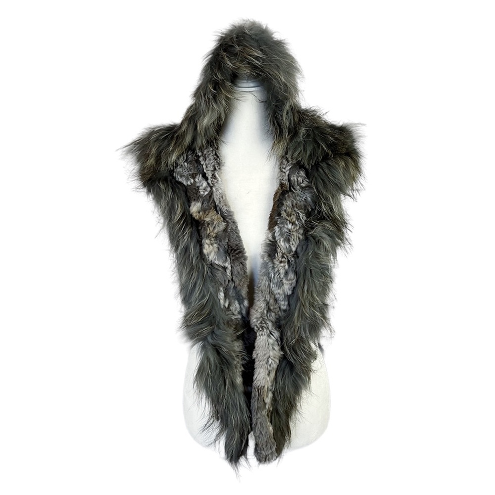 Genuine Rex Rabbit & Raccoon Gray Fur Hooded Scarf